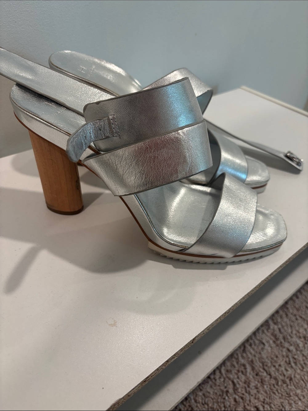 Halston Heritage Silver Metallic Cross-Strap Block Heel Sandals